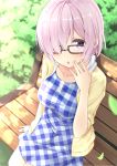  1girl bangs bench black-framed_eyewear blurry blush breasts chestnut_mouth collarbone dappled_sunlight day depth_of_field dress eyebrows_visible_through_hair fate/grand_order fate_(series) glasses hair_over_one_eye hand_on_own_face highres jacket karutamo lavender_hair leaf long_sleeves looking_at_viewer medium_breasts open_mouth outdoors plaid plaid_dress shielder_(fate/grand_order) short_hair sitting solo sunlight violet_eyes 