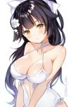  1girl azur_lane bangs black_hair bow breasts brown_eyes cleavage collarbone criss-cross_halter eyebrows_visible_through_hair flower hair_bow hair_flower hair_ornament halterneck large_breasts looking_at_viewer narusegawa_riko navel navel_cutout one-piece_swimsuit ponytail simple_background skindentation solo swimsuit takao_(azur_lane) twitter_username upper_body white_background 