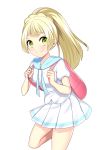  1girl backpack bag blonde_hair green_eyes highres lillie_(pokemon) long_hair pokemon pokemon_(game) pokemon_sm ponytail shirt short_sleeves simple_background skirt smile solo white_background white_shirt white_skirt yuihiko 