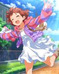 1girl :3 artist_request backpack bag bangs blue_sky blush boots building closed_eyes clouds day dress grass hood hoodie idolmaster idolmaster_million_live! idolmaster_million_live!_theater_days jewelry necklace nonohara_akane official_art open_mouth outdoors outstretched_arms redhead running short_hair sky smile solo spread_arms sunlight tree white_dress 