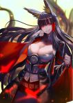  1girl absurdres akagi_(azur_lane) animal_ears azur_lane bangs black_hair breasts cleavage commentary_request fox_ears fox_tail highres japanese_clothes large_breasts long_hair looking_at_viewer moruga red_eyes smile smirk solo tail wide_sleeves 