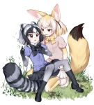  2girls animal_ears black_gloves black_hair black_legwear black_neckwear black_skirt blonde_hair blue_shirt bow bowtie breast_pocket brown_eyes cao_hong_anh common_raccoon_(kemono_friends) extra_ears fang fennec_(kemono_friends) fox_ears fox_tail fur_collar fur_trim gloves grass grey_hair grey_legwear hand_on_another&#039;s_head hand_on_another&#039;s_thigh highres kemono_friends looking_at_another miniskirt multicolored_hair multiple_girls pantyhose pink_sweater pleated_skirt pocket raccoon_ears raccoon_tail shirt short_sleeves sitting skirt smile sweatdrop sweater tail thigh-highs white_background white_gloves white_hair white_skirt yellow_legwear yellow_neckwear 