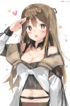  1girl :o arm_up bare_shoulders breasts brown_eyes brown_hair cleavage coat collarbone detached_collar eyebrows_visible_through_hair girls_frontline h_shai hair_ornament hairclip heart highres k-2_(girls_frontline) long_hair long_sleeves looking_at_viewer medium_breasts navel open_clothes open_coat open_mouth salute sidelocks simple_background solo tank_top tareme upper_body white_background white_coat 