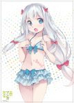  1girl absurdres bikini bikini_skirt blue_bikini blue_eyes bow breasts cleavage collarbone copyright_name eromanga_sensei eyebrows_visible_through_hair gluteal_fold hair_bow highres izumi_sagiri kanzaki_hiro layered_skirt long_hair looking_at_viewer navel official_art open_mouth polka_dot polka_dot_background polka_dot_bikini ponytail red_bow silver_hair simple_background small_breasts solo standing swimsuit twintails very_long_hair white_background 