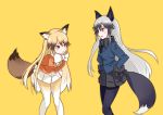  2girls animal_ears black_bow black_hair black_legwear black_skirt blonde_hair blush bow brat brown_eyes eyebrows_visible_through_hair ezo_red_fox_(kemono_friends) fox_ears fox_tail grey_hair hands_on_hips kemono_friends looking_at_another multicolored_hair multiple_girls pantyhose parted_lips silver_fox_(kemono_friends) skirt smile tail two-tone_hair white_bow white_legwear white_skirt yellow_background 