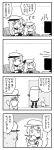  2girls :d carrying cat coat comic commentary couch flat_cap gangut_(kantai_collection) greyscale hat hibiki_(kantai_collection) highres kantai_collection long_sleeves military military_hat military_uniform monochrome multiple_girls open_mouth pale_face peaked_cap petting pon_(0737) school_uniform sitting smile sweatdrop television thigh-highs translated trembling uniform verniy_(kantai_collection) 