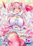  1girl bare_shoulders blush bow breasts curvy gloves hair_bow headphones highres large_breasts long_hair looking_at_viewer moomoo-san nitroplus open_mouth pink_eyes pink_hair see-through skirt smile solo super_sonico thigh-highs twintails white_gloves wide_hips 
