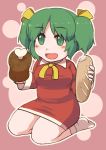  1girl :d baguette bangs blush bobby_socks bone boned_meat bread breasts collared_dress dress elona eyebrows eyebrows_visible_through_hair facing_viewer food full_body green_eyes green_hair hair_ribbon holding holding_food looking_away lowres meat medium_breasts open_mouth outline pink_background red_dress ribbon shiny shiny_hair short_dress short_hair short_twintails sidelocks sitting smile socks solo tareme taut_clothes taut_dress tight tight_dress tokimoto tongue twintails wariza white_legwear white_outline yellow_ribbon younger_sister_(elona) 