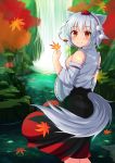  1girl animal_ears autumn_leaves bare_shoulders blush breasts detached_sleeves hat highres inubashiri_momiji looking_at_viewer looking_back medium_breasts nature pom_pom_(clothes) red_eyes ribbon-trimmed_sleeves ribbon_trim shirt short_hair sideboob silver_hair sleeveless sleeveless_shirt smile solo standing tail tokin_hat touhou water waterfall white_shirt wide_sleeves wolf_ears wolf_tail 