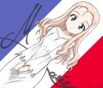  1girl blonde_hair blue_eyes bukkuri casual character_name cowboy_shot cursive dated dress drill_hair flag_background french_flag girls_und_panzer long_hair long_sleeves looking_at_viewer marie_(girls_und_panzer) parted_lips signature solo standing white_dress wide_sleeves 
