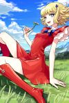  1girl 70s arm_support bangs blonde_hair blue_eyes boots bow clouds curly_hair day dress flower fushoku grass hair_ornament hairpin hana_no_ko_lunlun knee_boots looking_at_viewer lunlun magical_girl mountain open_mouth outdoors red_dress red_footwear short_dress short_hair sitting sky smile solo 