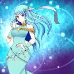  1girl bare_shoulders blue_hair cape dress fire_emblem fire_emblem:_rekka_no_ken fire_emblem_heroes hair_ornament long_hair looking_at_viewer mamkute ninian red_eyes short_hair smile solo 