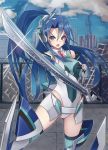  1girl bare_shoulders beriko_(dotera_house) blue_eyes blue_hair blush foreshortening gluteal_fold hair_between_eyes headphones katana kazanari_tsubasa leotard long_hair open_mouth senki_zesshou_symphogear side_ponytail solo sword thigh-highs weapon 