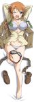  1girl ;d arms_behind_head barefoot blue_eyes blush bra breasts charlotte_e_yeager cleavage dakimakura feet full_body gluteal_fold goggles highres kurashima_tomoyasu large_breasts legs military military_uniform navel one_eye_closed open_mouth orange_hair panties shoes_removed simple_background smile solo strike_witches underwear uniform white_background white_bra white_panties world_witches_series 