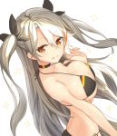  1girl :q azur_lane bikini black_bikini breasts choker habu. hair_between_eyes large_breasts long_hair looking_at_viewer mole mole_on_breast multicolored_hair orange_hair prinz_eugen_(azur_lane) red_eyes silver_hair smile solo streaked_hair swimsuit tongue tongue_out two-tone_hair two_side_up very_long_hair white_background 