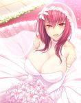  1girl absurdres bangs bare_shoulders blush bouquet breasts bridal_veil choker circlet cleavage collarbone commentary_request dress elbow_gloves eyebrows_visible_through_hair fate/grand_order fate_(series) flower gloves hair_between_eyes hair_flower hair_ornament highres huge_breasts jewelry lace lace-trimmed_dress long_hair lun7732 open_mouth purple_hair red_eyes scathach_(fate/grand_order) smile solo tearing_up veil wedding_dress white_gloves 