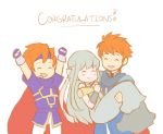  1girl 2boys armor blue_hair cape carrying chibi closed_eyes dress eliwood_(fire_emblem) father_and_son fire_emblem fire_emblem:_fuuin_no_tsurugi fire_emblem:_rekka_no_ken fire_emblem_heroes headband highres husband_and_wife long_hair mother_and_son multiple_boys ninian princess_carry redhead roy_(fire_emblem) short_hair 