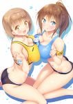  2girls :d :o armband ass bangs between_breasts blue_eyes blush bottle breast_press breasts brown_hair buruma butt_crack cleavage collarbone dimples_of_venus eyebrows_visible_through_hair hairband hands_up highres ichi_makoto kneeling large_breasts long_hair looking_at_viewer multiple_girls open_mouth original parted_lips ponytail short_hair sidelocks silhouette smile sports_bikini sports_bra sweat symmetrical_docking thighs vleavage water_bottle water_drop yellow_eyes 