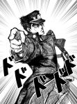  1boy araki_hirohiko_(style) belt closed_mouth emphasis_lines from_side frown greyscale hat high_collar j.k. jacket jojo_no_kimyou_na_bouken kuujou_joutarou long_sleeves looking_at_viewer male_focus monochrome official_style onomatopoeia open_clothes open_jacket pants pointing pointing_at_viewer shaded_face solo standing 