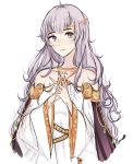  1girl artist_name bare_shoulders circlet diadora_(fire_emblem) fire_emblem fire_emblem:_seisen_no_keifu highres jewelry long_hair nana_(mizukas) necklace purple_hair simple_background solo upper_body violet_eyes white_background 