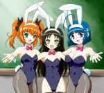  3girls animal_ears black_hair black_legwear black_leotard blue_hair bob_cut bow bowtie breasts bunny_tail bunnysuit cowboy_shot detached_collar flat_chest green_eyes hazuki_kurumi highres kaitou_tenshi_twin_angel kannazuki_aoi large_breasts leotard long_hair macla minazuki_haruka_(twin_angel) multiple_girls orange_hair pantyhose rabbit_ears red_neckwear short_hair small_breasts strapless strapless_leotard tail thigh-highs twin_angel twintails violet_eyes wrist_cuffs yellow_eyes 