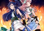  2girls back-to-back blue_eyes blue_hair dagger feathers fire flame gloves green_eyes grin japanese_clothes judo_fuu katana kazanari_tsubasa long_hair maria_cadenzavna_eve multiple_girls pink_hair scabbard senki_zesshou_symphogear sheath side_ponytail sleeveless smile sword weapon 