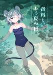  1girl afloat akagashi_hagane animal_ears bare_legs breasts closed_mouth cover cover_page day doujin_cover from_above grey_hair hair_between_eyes jewelry looking_at_viewer mouse_ears mouse_tail nazrin one-piece_swimsuit one_eye_closed outdoors outstretched_arms pendant red_eyes school_swimsuit short_hair small_breasts smile solo swimsuit tail touhou translated water 