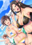  3girls anger_vein arms_up back banner bare_shoulders beads bikini black_bikini black_hair blue_sky blush bracelet breasts brown_hair cleavage clenched_hand closed_eyes clouds collarbone commentary_request dated eyelashes full-face_blush green_eyes hair_beads hair_ornament hands_up highres hips huge_breasts idolmaster idolmaster_cinderella_girls jewelry large_breasts light_brown_hair long_hair miniskirt mukai_takumi multi-strapped_bikini multiple_girls navel oikawa_shizuku open_mouth outdoors short_hair side-tie_bikini sideboob sidelocks skirt sky smile striped striped_bikini sweatdrop swimsuit teeth thighs totoki_airi tree trembling twintails waist wardrobe_malfunction yoohi 