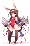  1girl adapted_costume animal_ears azur_lane barefoot black_eyes black_hair braid breasts brown_hair bunny_girl covered_navel full_body hairband highres karukan_(monjya) leotard long_hair looking_at_viewer machinery ping_hai_(azur_lane) rabbit_ears red_eyes red_leotard rigging robe simple_background small_breasts solo standing twin_braids white_background white_hairband 
