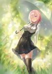  1girl :d alternate_costume arm_behind_head backlighting black_legwear black_skirt blurry blurry_background blush breasts center_frills fate_(series) frills hair_over_one_eye high-waist_skirt highres holding holding_umbrella large_breasts long_sleeves looking_at_viewer meme_attire open_mouth outdoors pink_hair plant shielder_(fate/grand_order) shirt short_hair skirt smile solo standing tareme thigh-highs umbrella violet_eyes virgin_killer_outfit white_shirt yahiro_(666131415) zettai_ryouiki 