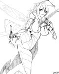  1girl antennae bee_girl breasts dated flying from_side fur_collar greyscale insect_girl j.k. large_breasts long_hair looking_at_viewer monochrome monster_girl parted_lips simple_background solo tail white_background wings 