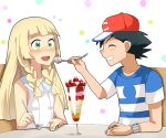  1boy 1girl black_hair blonde_hair blush closed_eyes food green_eyes ice_cream kuriyama lillie_(pokemon) pokemon pokemon_(anime) pokemon_sm_(anime) satoshi_(pokemon) sharing_food 