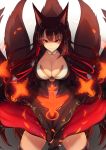  &gt;:) 1girl akagi_(azur_lane) animal_ears azur_lane black_hair black_legwear breasts cleavage closed_mouth collarbone cowboy_shot fox_ears fox_tail hair_tubes japanese_clothes large_breasts long_hair long_sleeves looking_at_viewer multiple_tails opanchu_(hakusen) red_eyes shikigami smile solo tail thigh-highs tsurime v_arms wide_sleeves 