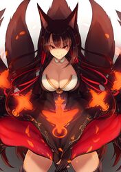  &gt;:) 1girl akagi_(azur_lane) animal_ears azur_lane black_hair black_legwear breasts cleavage closed_mouth collarbone cowboy_shot fox_ears fox_tail hair_tubes japanese_clothes large_breasts long_hair long_sleeves looking_at_viewer multiple_tails opanchu_(hakusen) red_eyes shikigami smile solo tail thigh-highs tsurime v_arms wide_sleeves 