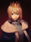  1girl ahoge armor artoria_pendragon_(all) ask_(askzy) blonde_hair braid cloak closed_mouth crown fate/stay_night fate_(series) fur_trim green_eyes hair_ribbon looking_at_viewer ribbon saber solo upper_body 