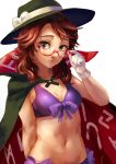  1girl adjusting_eyewear bikini blush bow breasts brown_eyes brown_hair cape cleavage clothes_writing fedora gloves hat hat_bow highres looking_at_viewer navel parted_lips purple_bikini red-framed_eyewear small_breasts solo stomach swimsuit touhou under-rim_eyewear upper_body usami_sumireko white_bow white_gloves yasaidon 