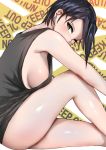  1girl bare_arms bare_legs bare_shoulders black_hair blush breasts caution_tape earrings feet_out_of_frame from_side highres invisible_chair jewelry keep_out knee_up leaning_forward looking_at_viewer looking_to_the_side medium_breasts midorikawa_maki no_bra no_pants norman_maggot one_eye_closed sakura_quest shiny shiny_skin short_hair sideboob sitting sleeveless solo stud_earrings tank_top thighs tsurime 
