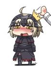  2girls ahoge armor bangs black_dress blonde_hair blush chibi command_spell crying diadem dress eyebrows_visible_through_hair fate_(series) fujimaru_ritsuka_(female) full_body gauntlets hand_on_another&#039;s_head highres hitting jacket jeanne_alter kaafi long_sleeves multiple_girls open_mouth out_of_frame riyo_(lyomsnpmp)_(style) ruler_(fate/apocrypha) sad short_hair signature simple_background solo_focus standing tearing_up tears thigh-highs white_background white_jacket yellow_eyes 