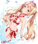  1girl anklet bangs bikini blonde_hair bracelet breasts cleavage closed_mouth commentary_request droplet earrings eyebrows_visible_through_hair fate_(series) fukuda_shuushi full_body green_eyes halterneck highres jewelry long_hair looking_at_viewer medium_breasts navel nero_claudius_(swimsuit_caster)_(fate) red_bikini saber_extra sandals side-tie_bikini smile solo standing striped striped_bikini swimsuit twintails 