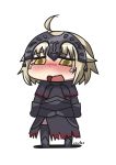  1girl ahoge armor bangs black_dress blonde_hair blush chibi crying diadem dress eyebrows_visible_through_hair fate_(series) full_body gauntlets highres jeanne_alter kaafi long_sleeves open_mouth riyo_(lyomsnpmp)_(style) ruler_(fate/apocrypha) sad short_hair signature simple_background solo standing tearing_up tears thigh-highs white_background yellow_eyes 
