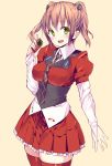  1girl black_neckwear blush bonkiru brown_hair cellphone eyebrows_visible_through_hair green_eyes highres holding holding_cellphone holding_phone looking_at_viewer open_mouth original personification phone red_legwear red_skirt short_twintails skirt smile solo thigh-highs twintails 