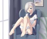  1girl armchair ass bare_legs barefoot blue_eyes blush chair closed_mouth cnm curtains eyes_visible_through_hair feet full_body gloves hair_over_one_eye hamakaze_(kantai_collection) indoors kantai_collection leg_hug legs_up miniskirt neckerchief painting_(object) panties pantyshot pantyshot_(sitting) pleated_skirt school_uniform serafuku shirt short_hair short_sleeves silver_hair sitting skirt solo sweat thighs toes underwear white_gloves white_shirt white_skirt window yellow_neckwear 