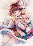  1girl ^_^ animal_print balloon bangs blunt_bangs blush bow brown_dress brown_hair cloak closed_eyes closed_mouth dress earmuffs fur_trim girls_frontline hair_bow long_sleeves looking_at_viewer m99_(girls_frontline) own_hands_together panties print_panties rabbit red_bow short_hair smile snow_is solo sparkle stuffed_animal stuffed_bunny stuffed_toy tareme tears thigh-highs thighs twiddling_fingers twitter_username underwear white_legwear 