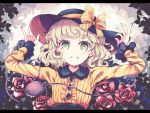  1girl bangs black_hat bow curly_hair dise flower frilled_sleeves frills gloves green_hair green_nails hat hat_bow komeiji_koishi long_sleeves looking_at_viewer nail_polish open_mouth red_rose rose shirt smile solo third_eye touhou upper_body yellow_bow yellow_shirt 