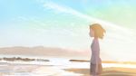  1girl absurdres bangs banishment blonde_hair brown_shorts clouds commentary_request cowboy_shot day from_side highres looking_afar ocean original outdoors profile scenery shirt shore short_hair short_sleeves shorts solo standing waves white_shirt 