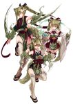 3girls :d absurdres animal_ears arm_blade armpits bare_shoulders blade blush breasts clenched_hands closed_mouth detached_sleeves eyebrows_visible_through_hair eyes_visible_through_hair fur green_hair grey_legwear hair_between_eyes hair_over_one_eye highres holding_pot japanese_clothes kamaitachi_(monster_girl_encyclopedia) kenkou_cross large_breasts legs long_hair long_sleeves looking_at_viewer magic medium_hair monster_girl_encyclopedia multiple_girls open_mouth orange_eyes pelvic_curtain ponytail pot sandals sash short_hair simple_background small_breasts smile standing standing_on_one_leg tabi tail thigh-highs twintails weapon white_background wide_sleeves 