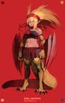  1girl bike_shorts blonde_hair breasts character_request claws clenched_hands collar dual_wielding duel_masters full_body hairband lizard_girl lizard_tail long_hair medium_breasts midriff monster_girl navel pointy_ears red_background red_eyes scales shield shorts single_strap solo standing stomach tail tan toned yoshizaki_mine 