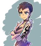  1girl black_hair blue_eyes breasts check_commentary cleavage collar commentary_request crossed_arms iesupa rwby short_hair sleeveless solo tattoo torn_clothes torn_sleeves vernal_(rwby) 