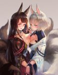  2girls :d akagi_(azur_lane) animal_ears azur_lane bangs black_gloves blue_skirt blunt_bangs blush breast_press breasts brown_eyes brown_hair cleavage closed_mouth collarbone detached_collar fox_ears fox_tail gloves green_eyes grey_background hand_holding igarashi_youhei interlocked_fingers kaga_(azur_lane) long_hair long_sleeves looking_to_the_side medium_breasts multiple_girls multiple_tails open_mouth pleated_skirt red_skirt ribbon_trim sash short_hair silver_hair simple_background skirt smile standing symmetrical_docking tail tassel tsurime wide_hips wristband yuri 