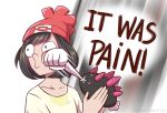  1girl 2koma asdfmovie beanie black_hair comic conmimi english eye_pop face_punch hat in_the_face mizuki_(pokemon_sm) parody pokemon pokemon_(creature) pokemon_(game) pokemon_sm punching pyukumuku short_hair solid_oval_eyes tumblr_username white_background 